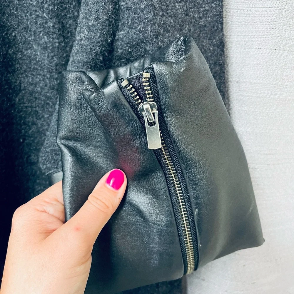 SOLD Eileen Fisher High Neck Black Leather Sleeve Dark Grey Wool Jacket Size XL - Picture 7 of 11